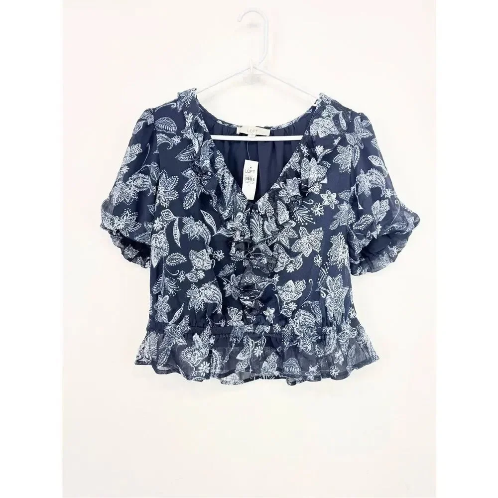 LOFT Blue White Floral Ruffle V Neck Peplum Hem Short Puff Sleeve Blouse NEW